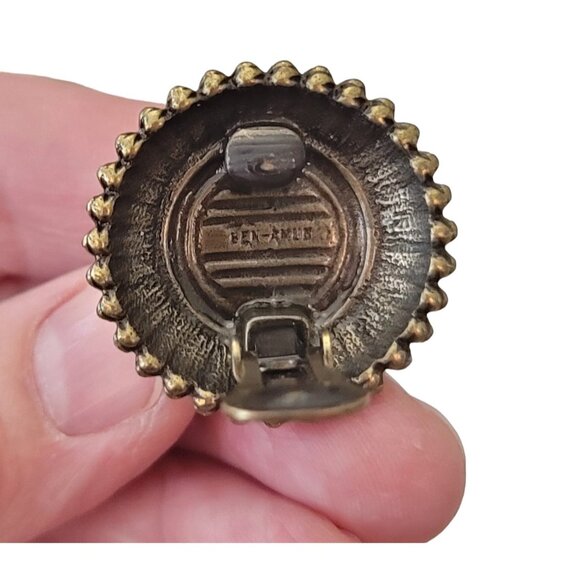 Ben Amun Flawed Emerald Green Glass Cab Clip-On Earrings, Signed E639 - Picture 11 of 14